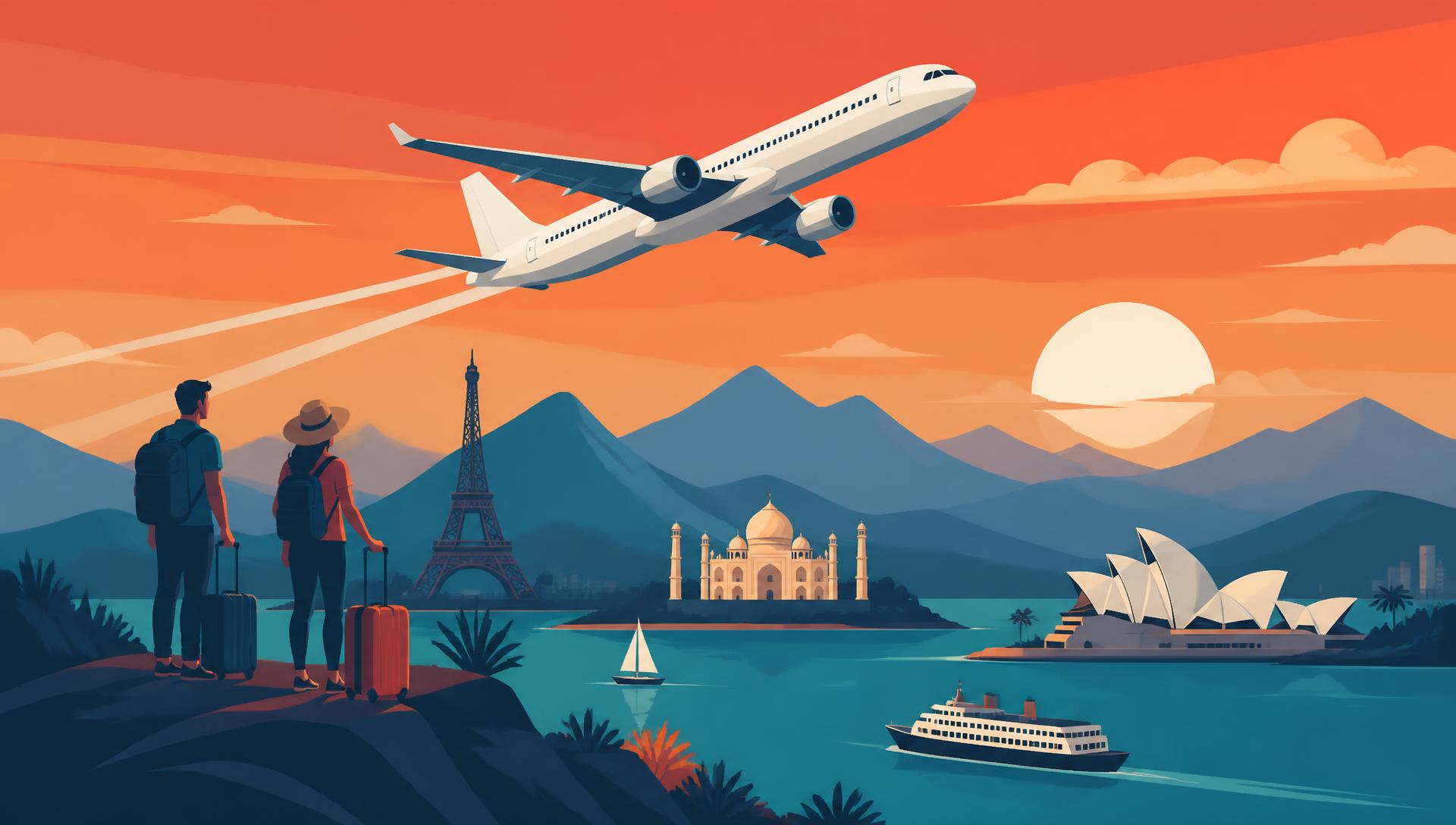 Flat vector travel poster: airliner over a warm sunset sky with layered mountains, teal water and travelers